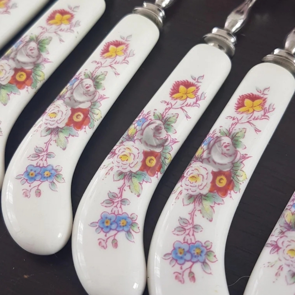 Royal Crown Derby Posies Dessert Fork Knife Set: Bone China Handles